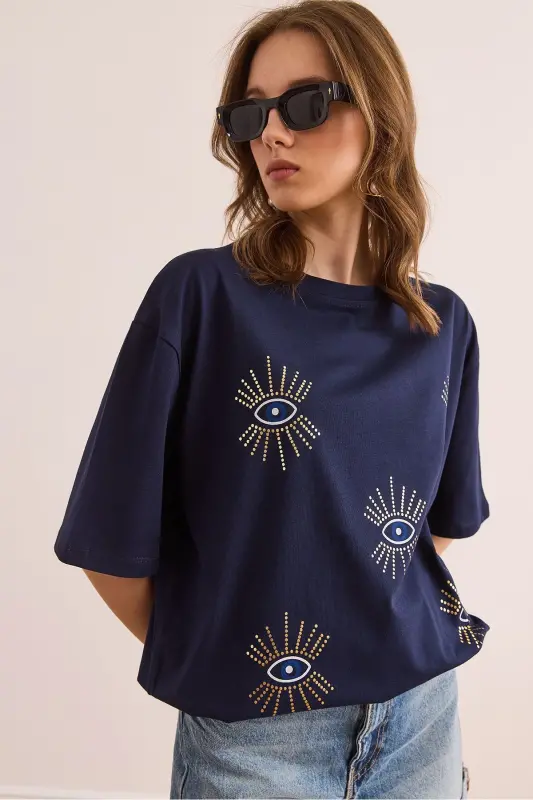 Women's Navy Blue Eye Print Foil Detailed T-Shirt TS - 5