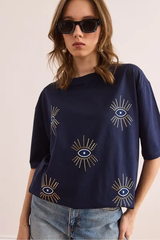 Women's Navy Blue Eye Print Foil Detailed T-Shirt TS - 6