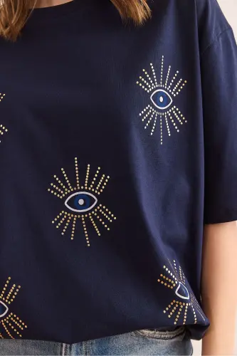 Women's Navy Blue Eye Print Foil Detailed T-Shirt TS - 7