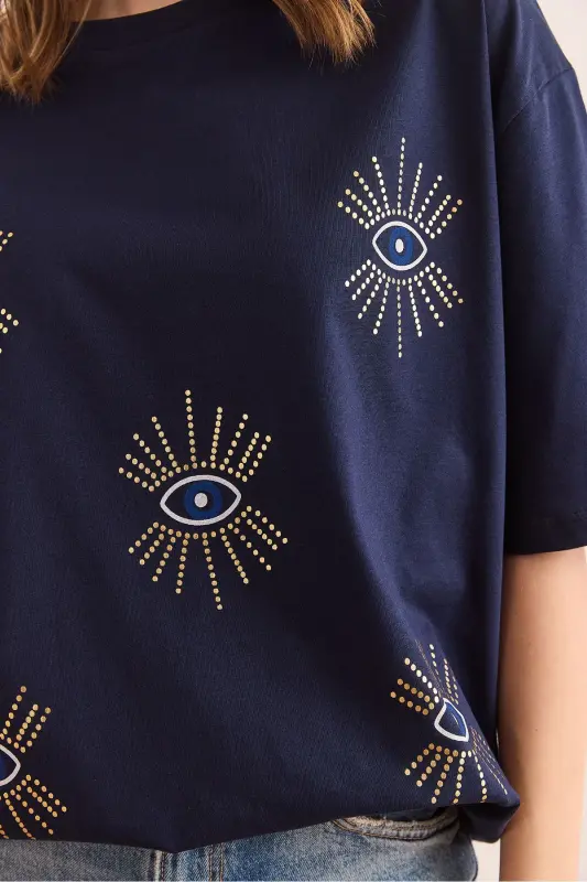 Women's Navy Blue Eye Print Foil Detailed T-Shirt TS - 7