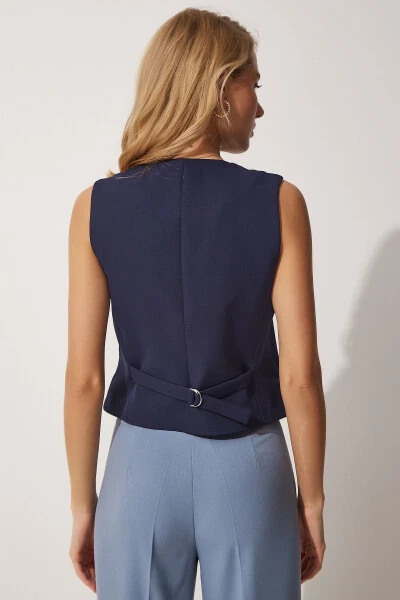 Women's Navy Blue Fitted Short Knitted Vest TO00048 - 3