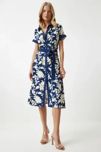 Women's Navy Blue Floral Summer Thin Viscose Dress DD01311-Navy Blue - 1