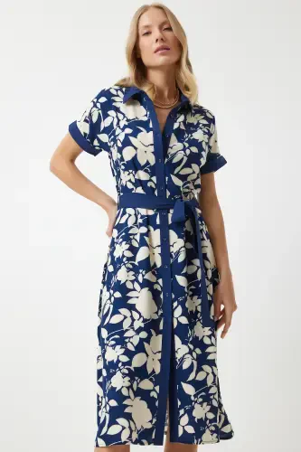 Women's Navy Blue Floral Summer Thin Viscose Dress DD01311-Navy Blue - 2