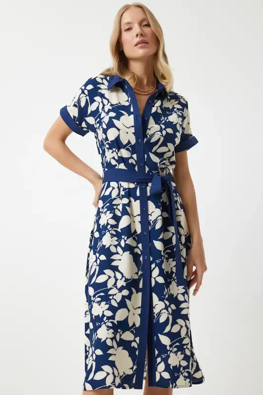 Women's Navy Blue Floral Summer Thin Viscose Dress DD01311-Navy Blue - 2