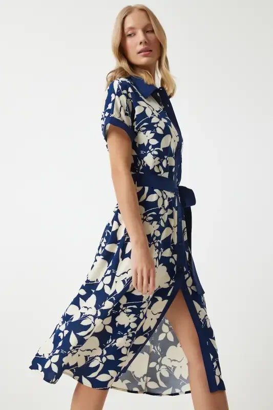 Women's Navy Blue Floral Summer Thin Viscose Dress DD01311-Navy Blue - 3