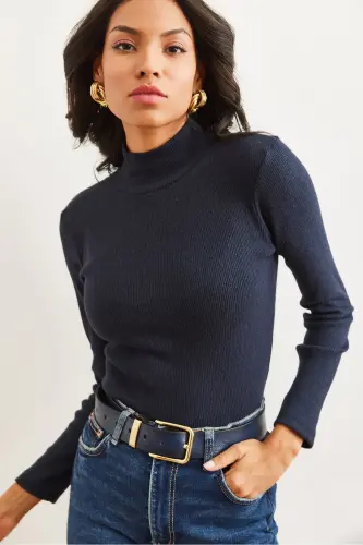 Women's Navy Blue Half Turtleneck Fleece Lined Ribbed Bodysuit BLZ-19000599-Navy Blue - 3