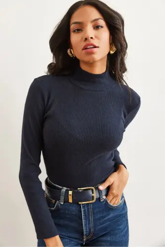 Women's Navy Blue Half Turtleneck Fleece Lined Ribbed Bodysuit BLZ-19000599-Navy Blue - 5