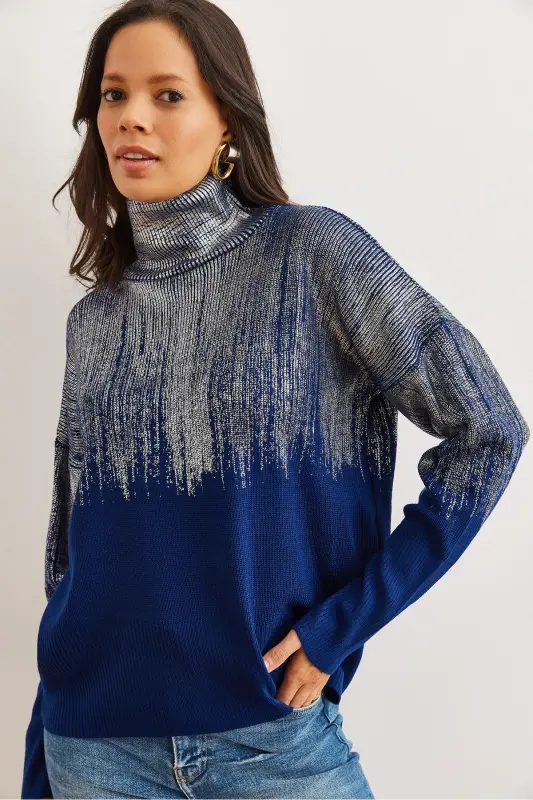 Women's Navy Blue Half Turtleneck Metallic Detailed Knit Sweater KZK-19000726-Navy Blue - OLALOOK