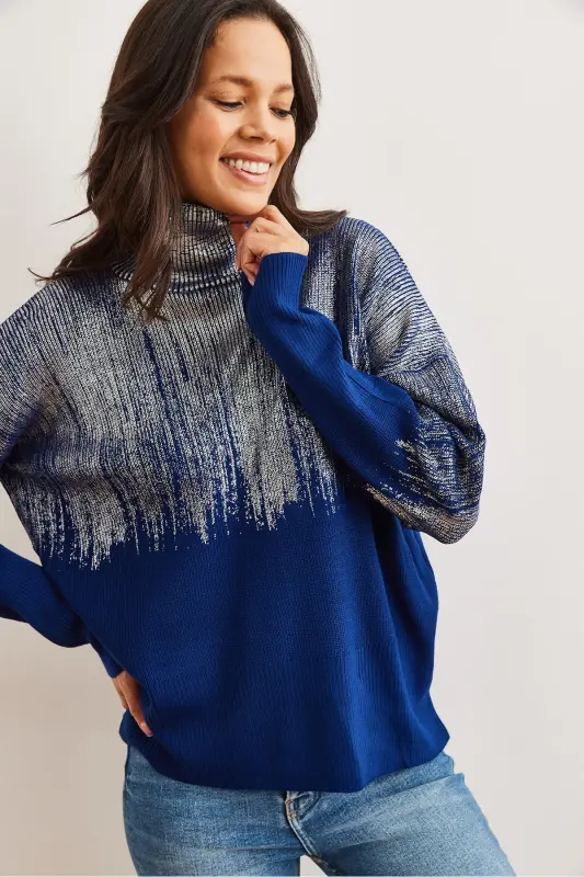 Women's Navy Blue Half Turtleneck Metallic Detailed Knit Sweater KZK-19000726-Navy Blue - 2