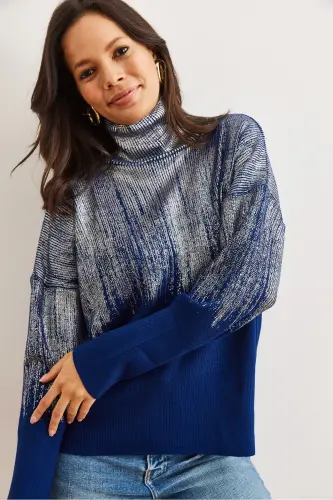 Women's Navy Blue Half Turtleneck Metallic Detailed Knit Sweater KZK-19000726-Navy Blue - 5