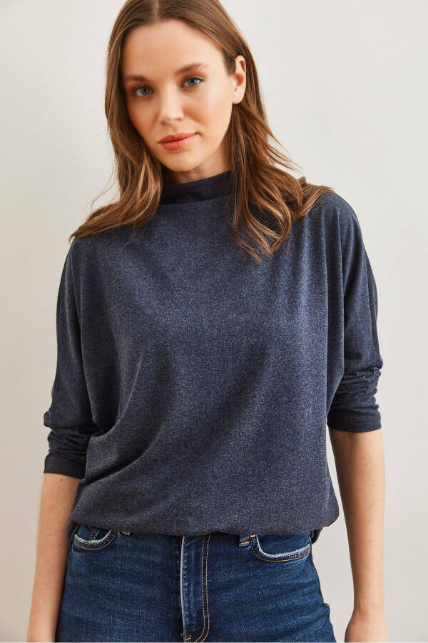 Women's Navy Blue High Neck Batwing Wool Viscose Blouse BLZ-19002800 - 1