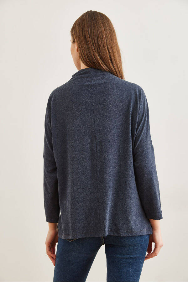 Women's Navy Blue High Neck Batwing Wool Viscose Blouse BLZ-19002800 - 8