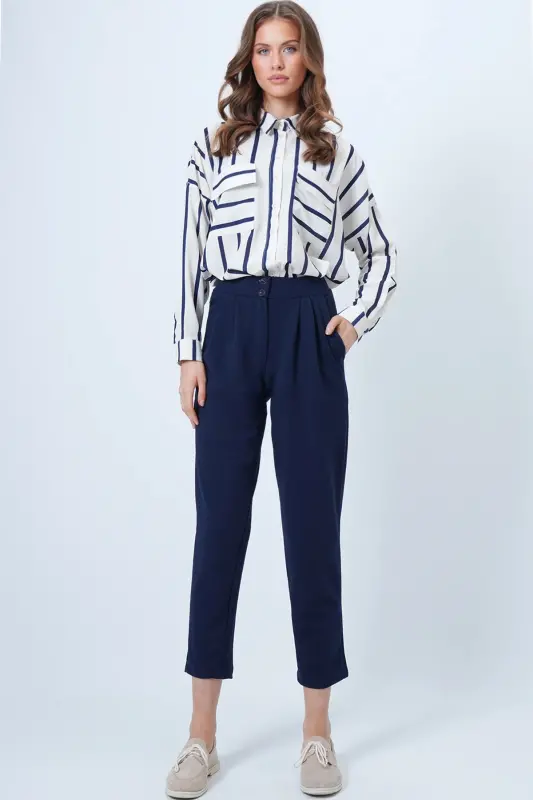 Women's Navy Blue High Waist Carrot Trousers Alc-X11148-LACİVERT - 2