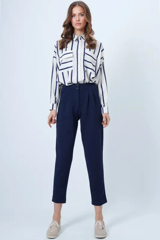 Women's Navy Blue High Waist Carrot Trousers Alc-X11148-LACİVERT - 3