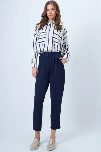 Women's Navy Blue High Waist Carrot Trousers Alc-X11148-LACİVERT - 5