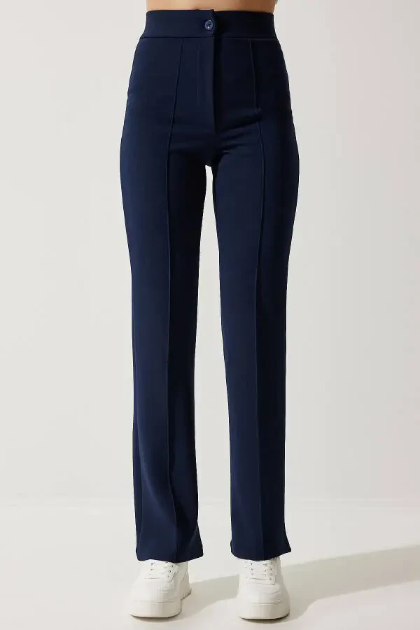 Women's Navy Blue High Waist Lycra Comfortable Knitted Pants - 4