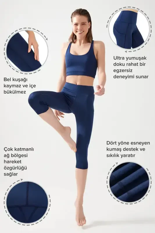Women's Navy Blue High Waist Slimming Double Pocket Capri Leggings Capri-Navy Blue - 2