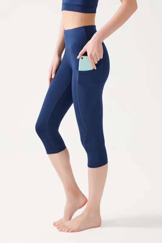 Women's Navy Blue High Waist Slimming Double Pocket Capri Leggings Capri-Navy Blue - LOS OJOS