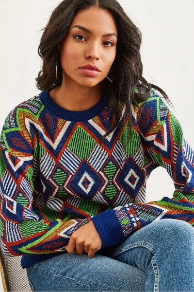 Women's Navy Blue Kilim Pattern Knitted Sweater KZK-19000869 - OLALOOK