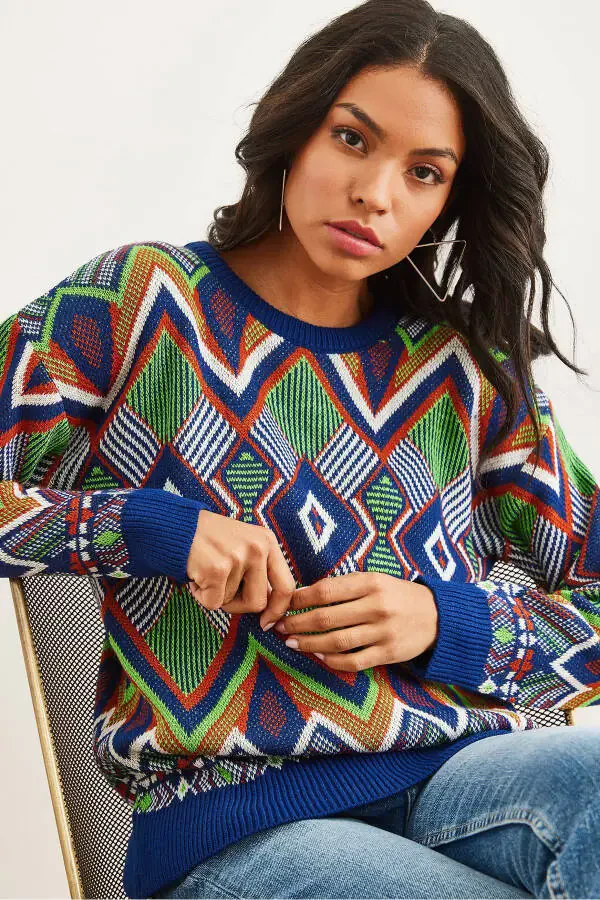 Women's Navy Blue Kilim Pattern Knitted Sweater KZK-19000869 - 2