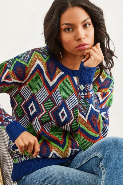 Women's Navy Blue Kilim Pattern Knitted Sweater KZK-19000869 - 3