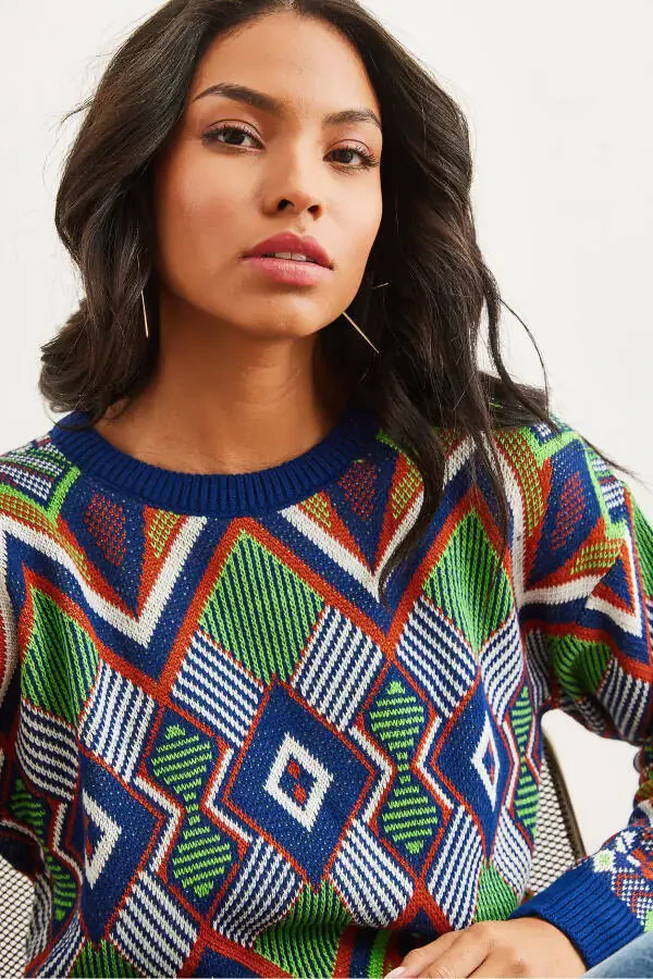 Women's Navy Blue Kilim Pattern Knitted Sweater KZK-19000869 - 4