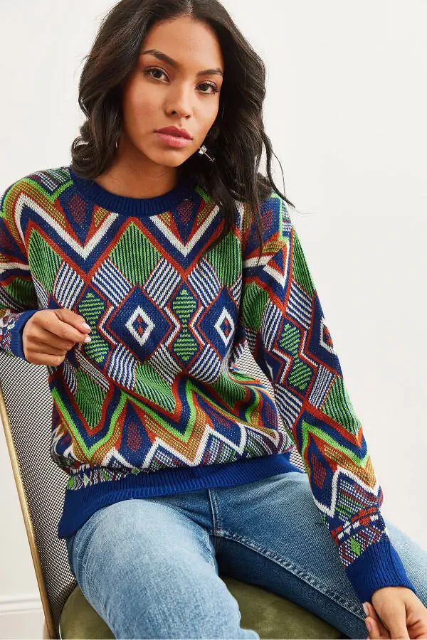 Women's Navy Blue Kilim Pattern Knitted Sweater KZK-19000869 - 5
