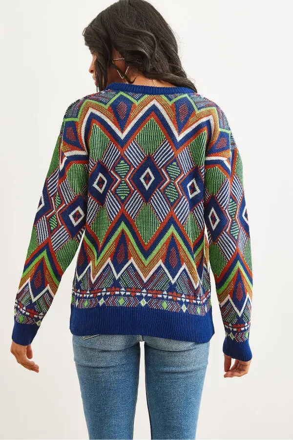 Women's Navy Blue Kilim Pattern Knitted Sweater KZK-19000869 - 6