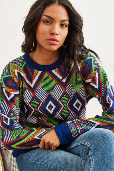Women's Navy Blue Kilim Pattern Knitted Sweater KZK-19000869 - OLALOOK