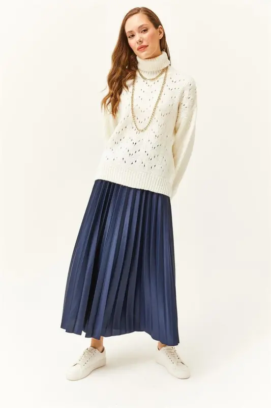 Women's Navy Blue Leather Look Pleated Bell Skirt ETK- - 2