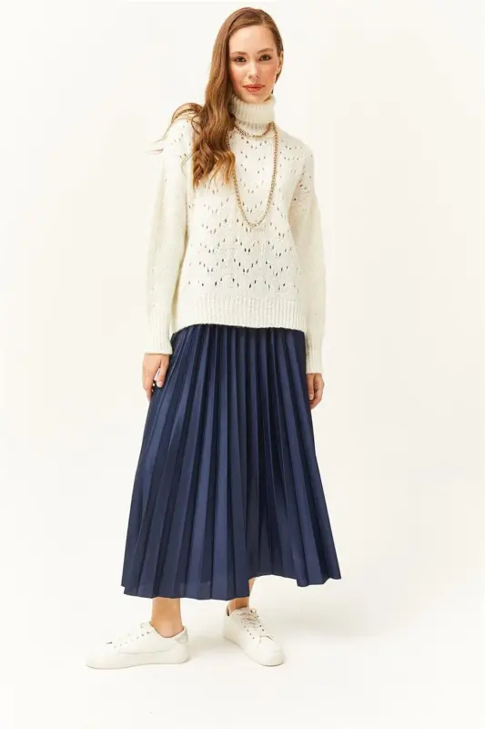 Women's Navy Blue Leather Look Pleated Bell Skirt ETK- - 4