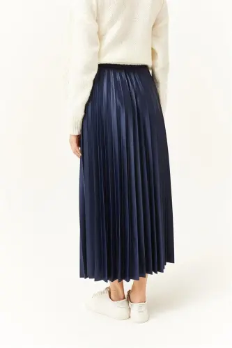 Women's Navy Blue Leather Look Pleated Bell Skirt ETK- - 5