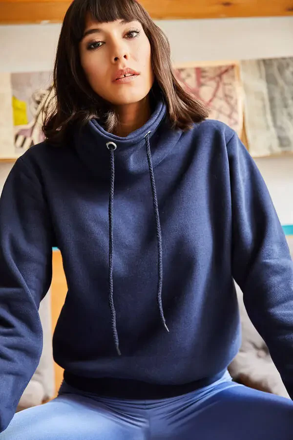 Women's Navy Blue Long-Neck Soft-Textured Thick Sweatshirt SWT-19000189 - 2