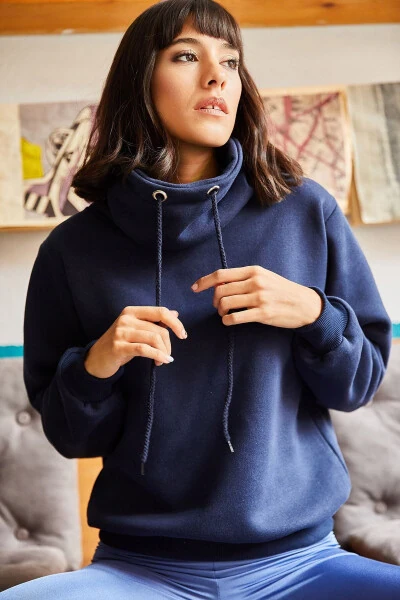 Women's Navy Blue Long-Neck Soft-Textured Thick Sweatshirt SWT-19000189 - 3