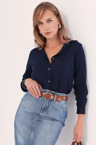 Women's Navy Blue Long Sleeve Plain Shirt ARM-18Y001176-LACİVERT - 3