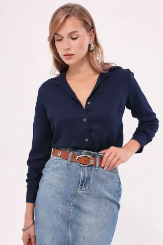 Women's Navy Blue Long Sleeve Plain Shirt ARM-18Y001176-LACİVERT - 5