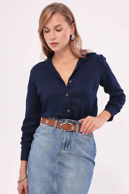 Women's Navy Blue Long Sleeve Plain Shirt ARM-18Y001176-LACİVERT - 5