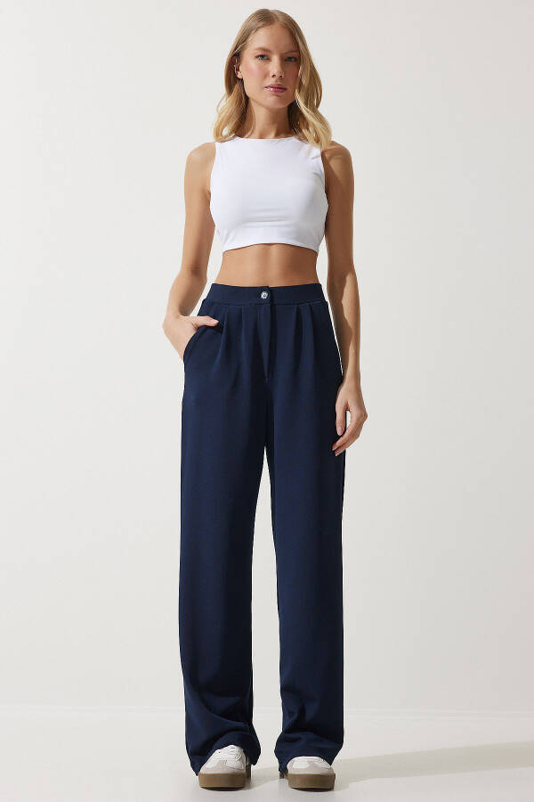 Women's Navy Blue Lycra Relaxed Palazzo Knit Trousers RV00175 - 1