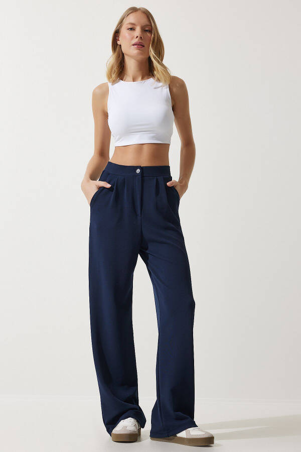 Women's Navy Blue Lycra Relaxed Palazzo Knit Trousers RV00175 - 2