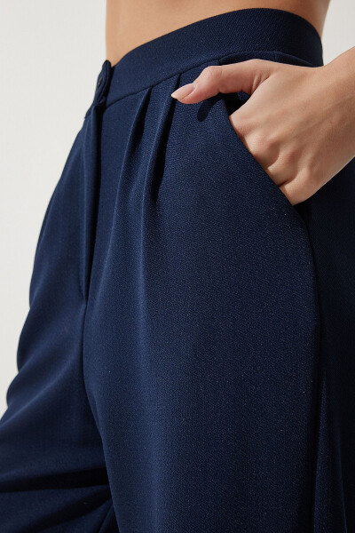 Women's Navy Blue Lycra Relaxed Palazzo Knit Trousers RV00175 - 4