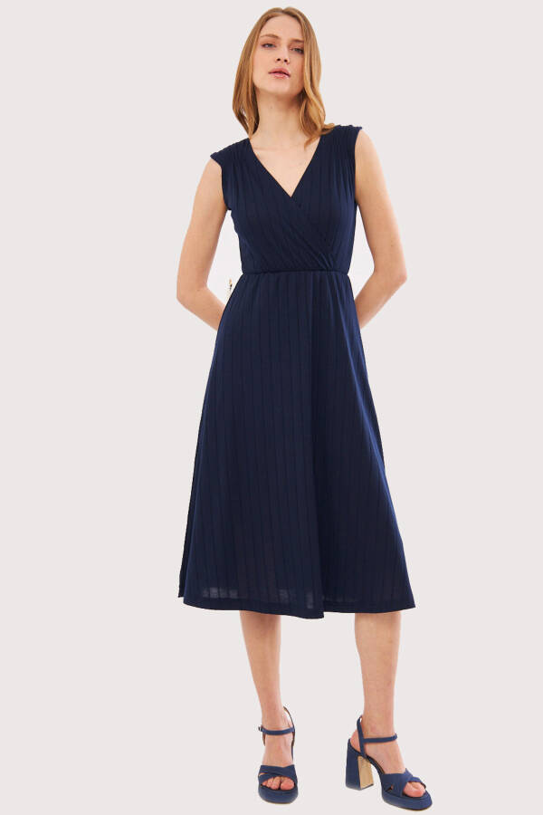 Women's Navy Blue Midi Dress with Elastic Waist and Shoulders, Lined, Wrap Neck ARM-24Y001017 - 7