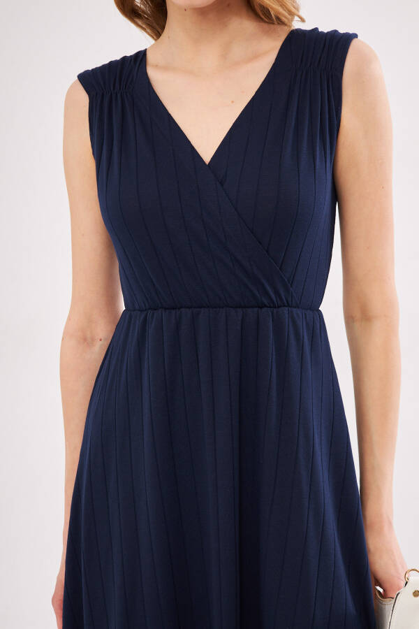 Women's Navy Blue Midi Dress with Elastic Waist and Shoulders, Lined, Wrap Neck ARM-24Y001017 - 8