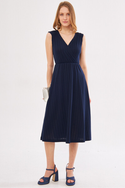 Women's Navy Blue Midi Dress with Elastic Waist and Shoulders, Lined, Wrap Neck ARM-24Y001017 - 9