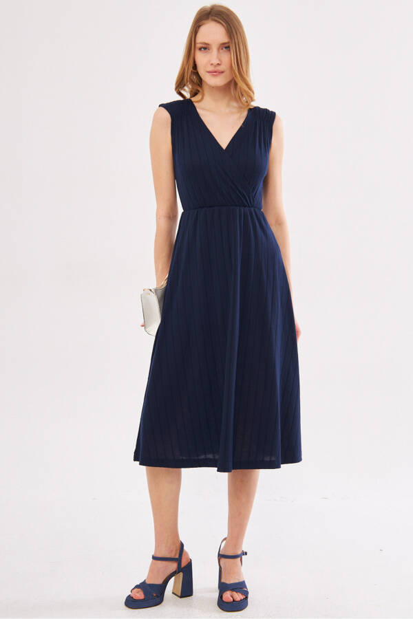 Women's Navy Blue Midi Dress with Elastic Waist and Shoulders, Lined, Wrap Neck ARM-24Y001017 - 9