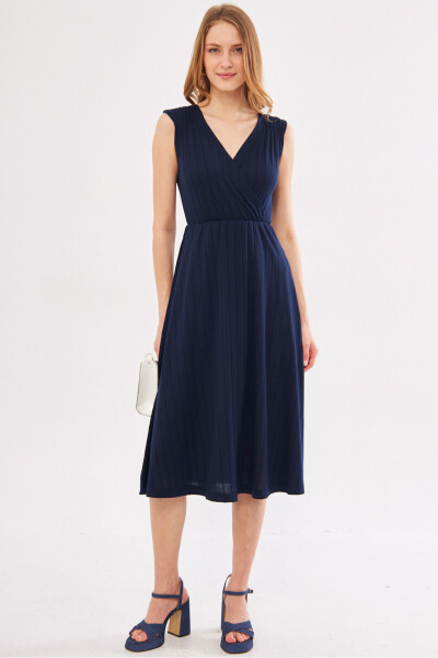 Women's Navy Blue Midi Dress with Elastic Waist and Shoulders, Lined, Wrap Neck ARM-24Y001017 - 10