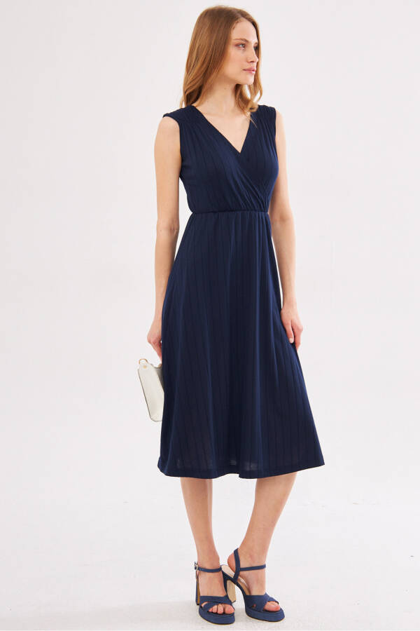 Women's Navy Blue Midi Dress with Elastic Waist and Shoulders, Lined, Wrap Neck ARM-24Y001017 - 11