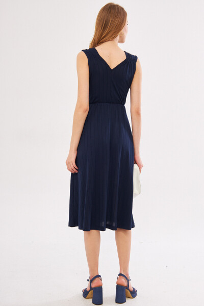 Women's Navy Blue Midi Dress with Elastic Waist and Shoulders, Lined, Wrap Neck ARM-24Y001017 - 12