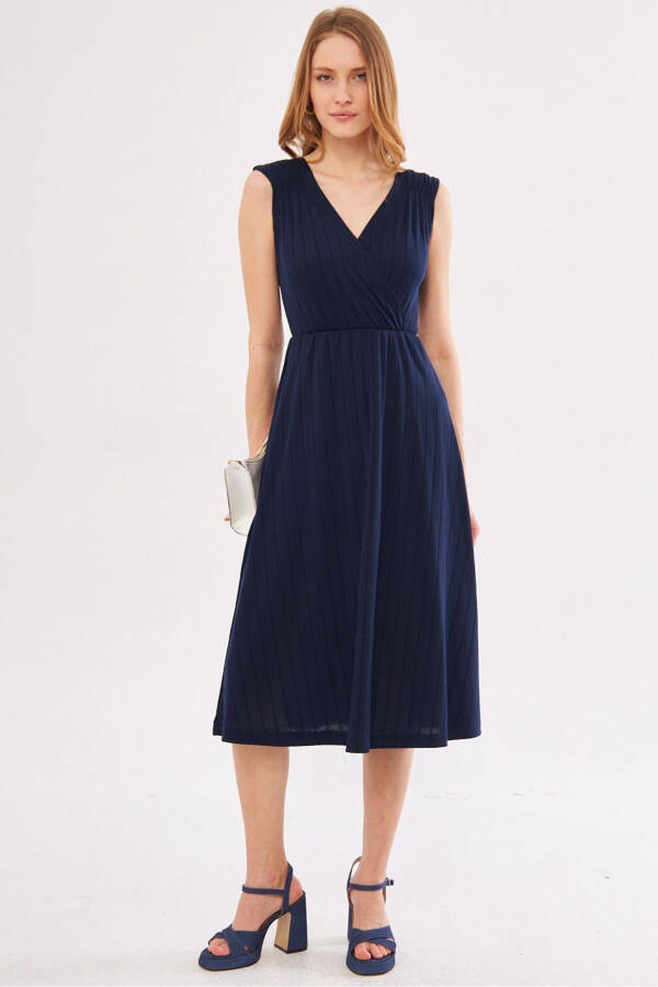 Women's Navy Blue Midi Dress with Elastic Waist and Shoulders, Lined, Wrap Neck ARM-24Y001017 - 3