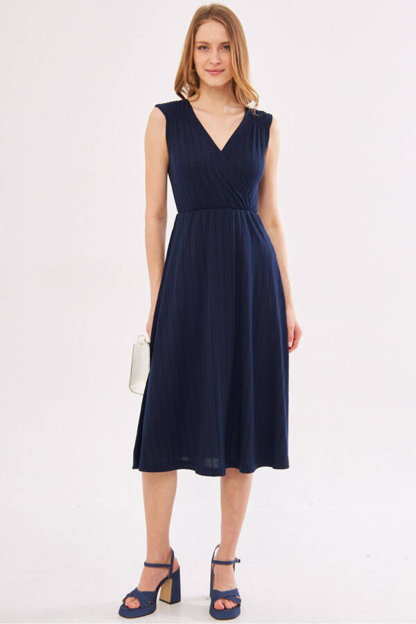 Women's Navy Blue Midi Dress with Elastic Waist and Shoulders, Lined, Wrap Neck ARM-24Y001017 - 4