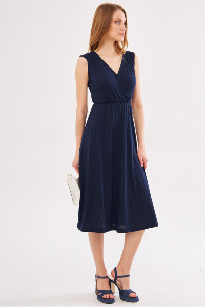 Women's Navy Blue Midi Dress with Elastic Waist and Shoulders, Lined, Wrap Neck ARM-24Y001017 - 5